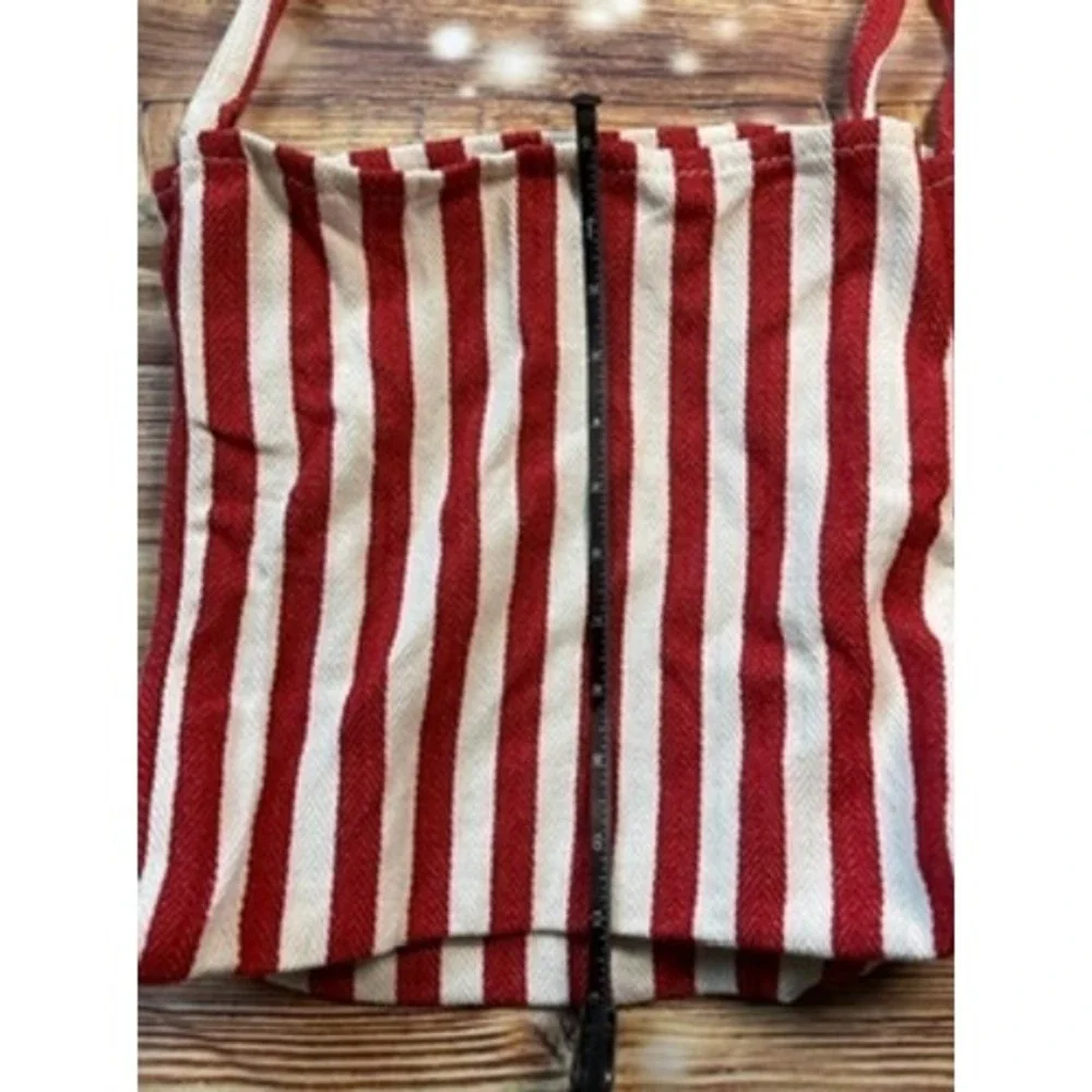 Red and White Striped Woven Cotton Tote Bag Casual Summer Beach‎ Shoulder Bag
